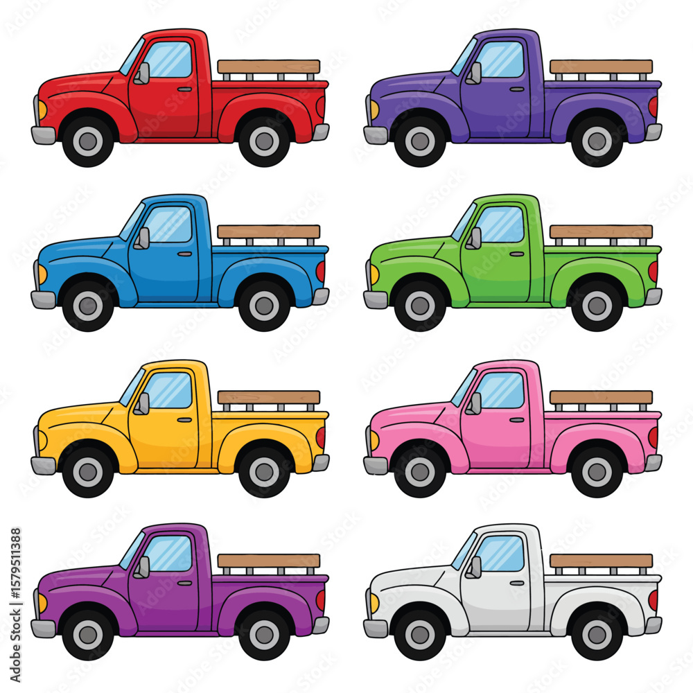 Fototapeta premium Collection of eight colorful cartoon pickup trucks arranged in a grid pattern