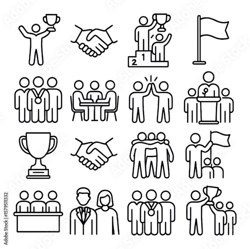 Teamwork and achievements collection, collaboration and success icon set