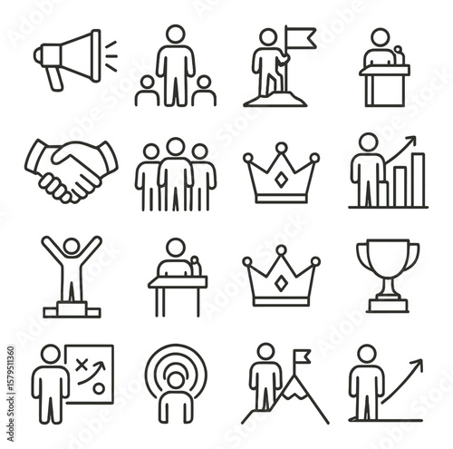 Leadership icons collection, management symbols. teamwork and success pictogram set