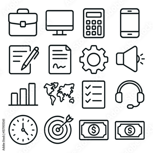 Business icon collection, essential work symbols. office and professional toolset