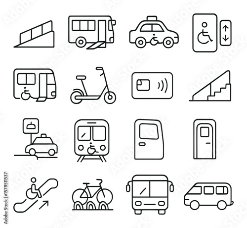 Accessible transport collection, inclusive mobility icons. universal travel symbols set