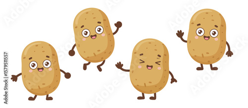 Four happy cartoon potatoes with arms and legs waving and smiling