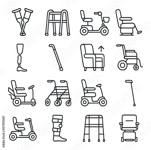 Mobility aids collection, assistive devices icons. walking supports, accessible equipment set