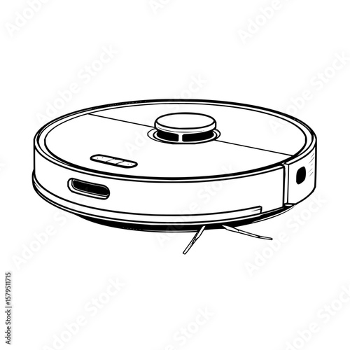 A detailed sketch of a round robot vacuum cleaner with visible sensors and cleaning brushes on a white background