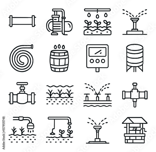 Irrigation icons collection, watering and farming symbols. agricultural tool set