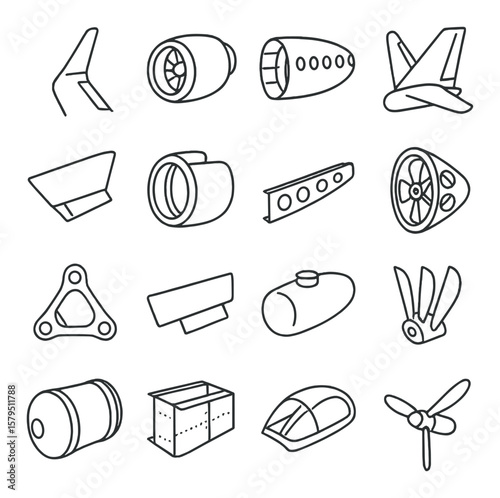 Aircraft component collection, aviation parts and airplane elements icon set