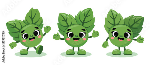 Three happy cartoon basil leaves characters with different poses and expressions