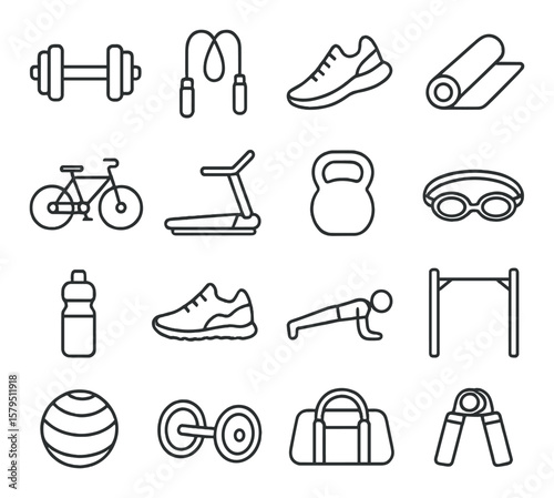 Fitness icons collection, exercise symbols. workout and training set for health enthusiasts