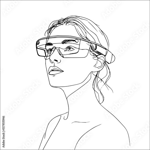 Line art of woman wearing futuristic glasses looking up with minimalist design and clean black lines style