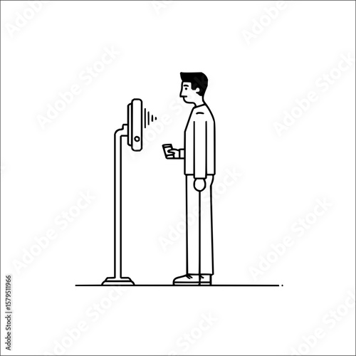 Man standing near a device on a stand, possibly scanning or interacting with it, holding a cup in his hand