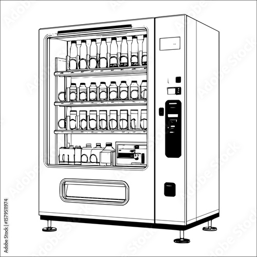 Illustration of a vending machine filled with bottled drinks on multiple shelves in black and white style