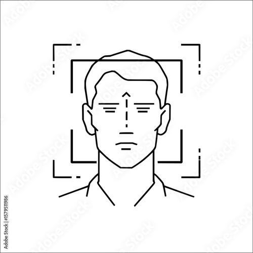 A line drawing of a person's face being scanned with a square frame and arrow pointing upwards on forehead
