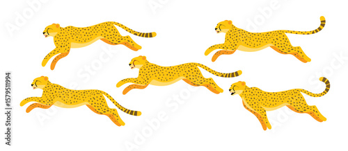 Five stylized cheetahs in mid stride on a white background