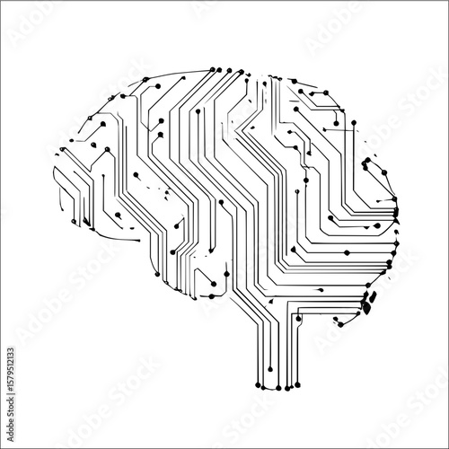 Stylized brain outline filled with a circuit board pattern in black and white on a plain background