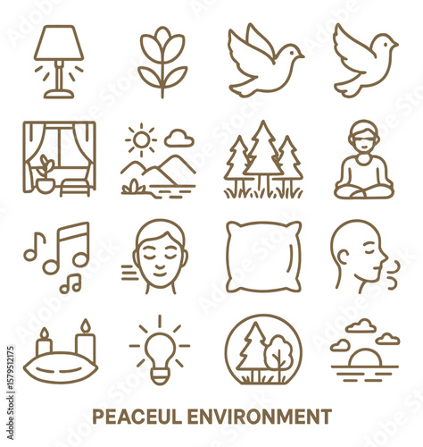 Peaceful environment collection, calming nature symbols. serenity and relaxation icons set