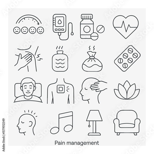 Pain relief collection, therapeutic icons set. healing and wellness symbols