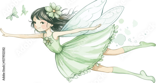 Cute Little Green Fairy Flying Through the Air