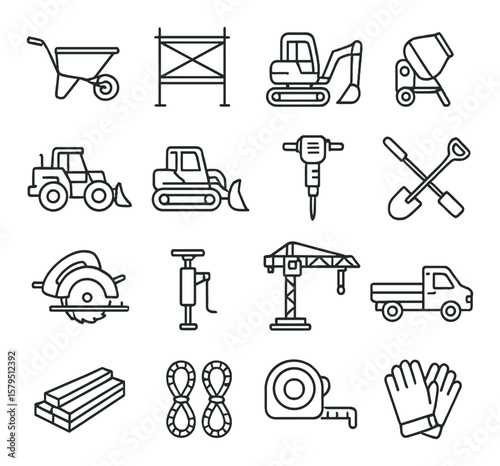 Construction equipment icon collection, simple tools and machinery symbols set