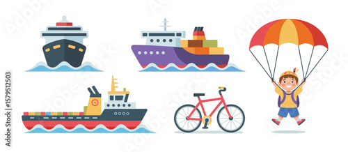 Collection of diverse transportation methods including ships boats bicycle and child with parachute