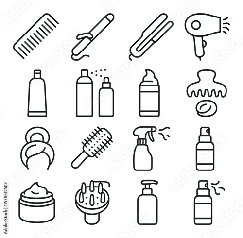 Hair styling collection, hairstyling tools icons. grooming and beauty essentials set