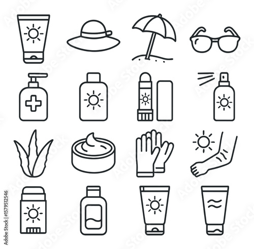 Sun protection essentials collection, sunscreen and skincare symbols. uv safety kit set