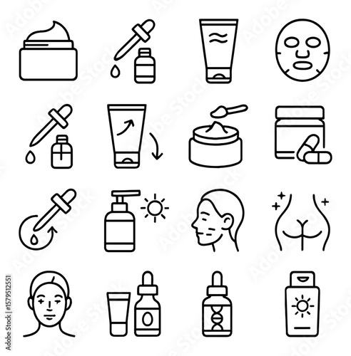 Anti-aging product collection, skincare and wellness icons. beauty and facial care set