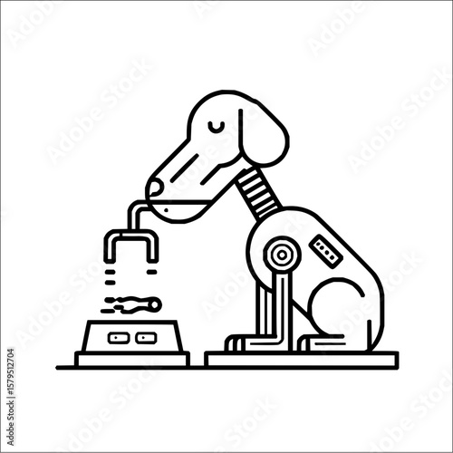 A robotic dog drinking water from a dispenser above a bowl in a minimalist black and white drawing