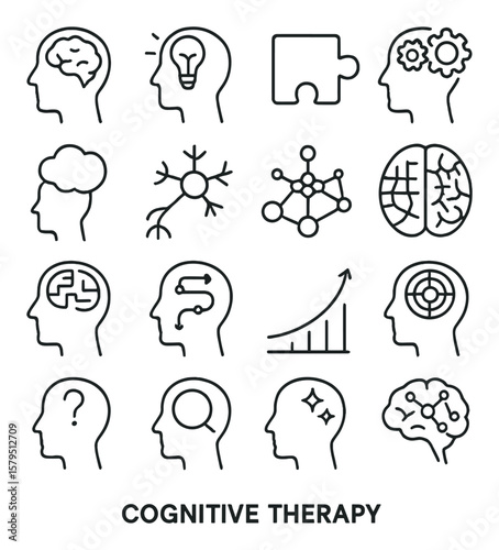 Cognitive therapy collection: mental health symbols, psychology and brain wellness set