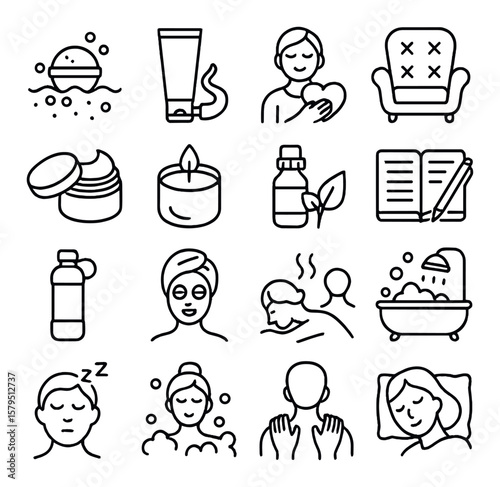 Self-care icon collection, wellness and relaxation symbols. mindfulness and spa set