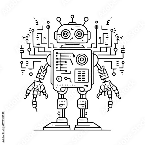 Detailed line art illustration of a vintage robot with circuit patterns and intricate mechanical details design