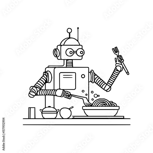 A robot chef preparing spaghetti with a fork and spoon in a kitchen with pots and a container present