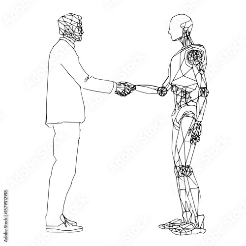A stylized line drawing depicting a human figure shaking hands with a geometric robot on a white backdrop