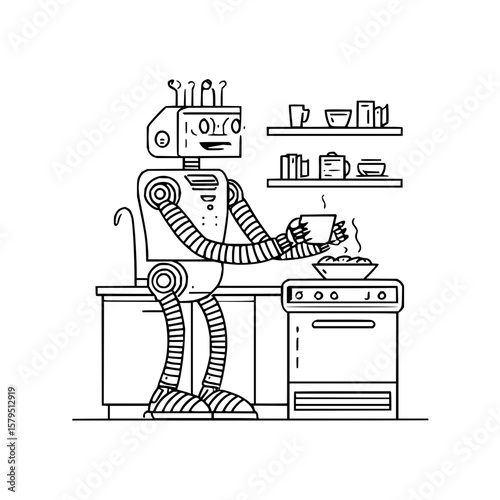 A line art illustration of a robot in a kitchen holding a steaming cup next to an oven with shelves above
