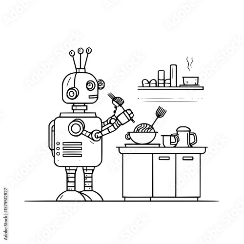 A robot preparing spaghetti with forks in a kitchen setting with cabinets and a shelf with items on it