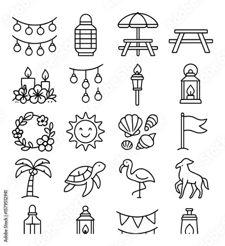 Summer and beach icon collection, simple vacation and holiday design set