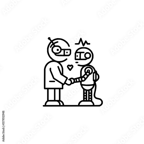 Two robots in love holding hands with heart and pulse line in a black and white line art drawing style