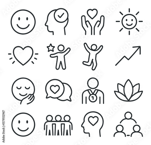 Icons of positivity collection, simple happiness symbols. joy and wellness icon set