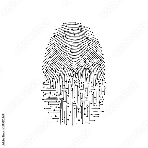 Stylized fingerprint illustration with circuit board elements on a white background showing identity security