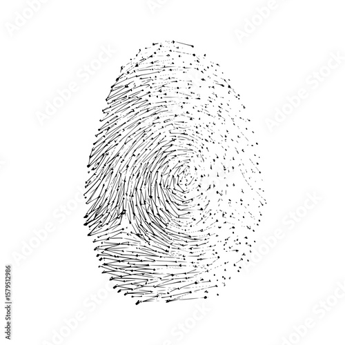Stylized fingerprint illustration with swirling lines and dots on a white background in black and white art