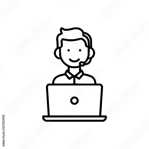 A line drawing of a customer service representative with a headset in front of a laptop computer device