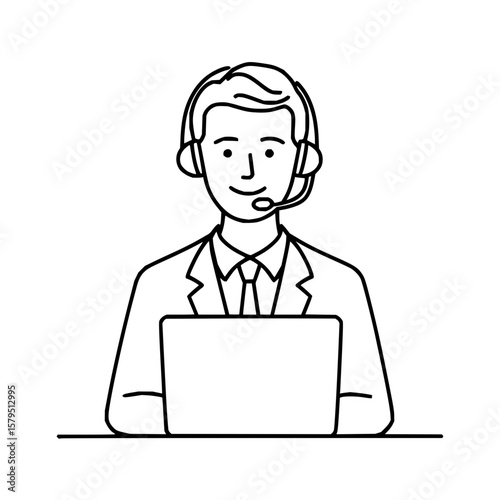 Illustration of a man with headset and laptop in outline style for customer support services online now