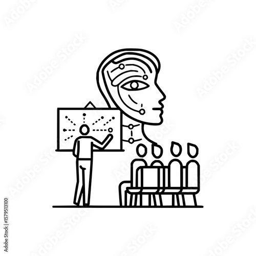 A presenter explaining a board to an audience with a futuristic head in the background in black and white