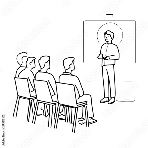 Man giving presentation to audience sitting in chairs with a whiteboard in the background line art style