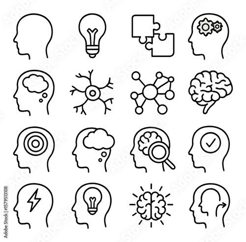Cognitive therapy icon collection, mental health symbols. psychology and brain wellness set