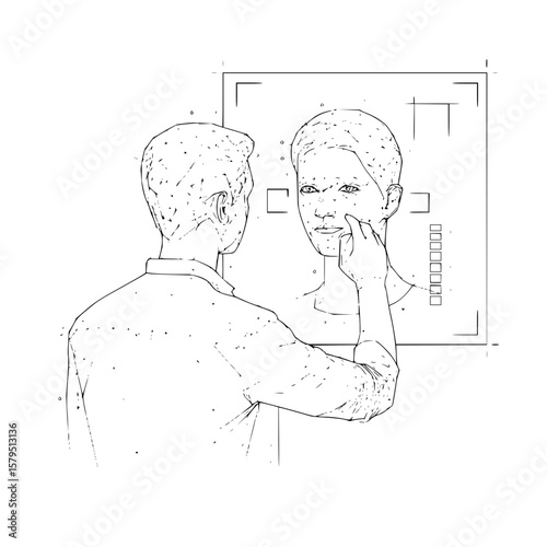 Person touching face in front of a mirror with face detection technology in a black and white sketch