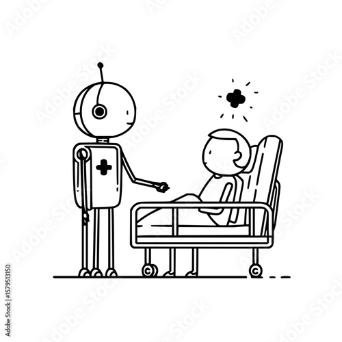 Robot assisting a patient in a hospital bed with a medical plus sign and antenna on its head design drawing