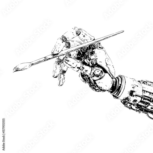 A detailed black and white drawing of a robotic arm holding a paintbrush against a white background space