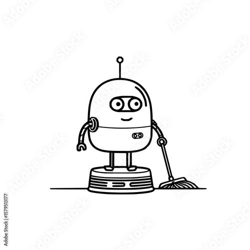A cartoon robot with a rounded body and antenna standing on a platform holding a broom in black outline