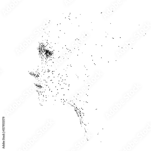 Abstract monochrome portrait of a woman with dispersed dots and lines on a white background drawing