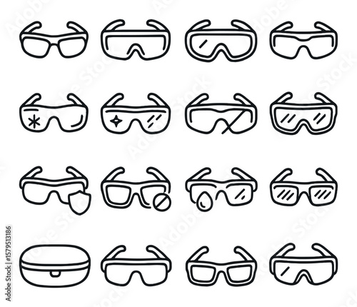 Protective eyewear collection, safety glasses and goggles icons. eye protection set